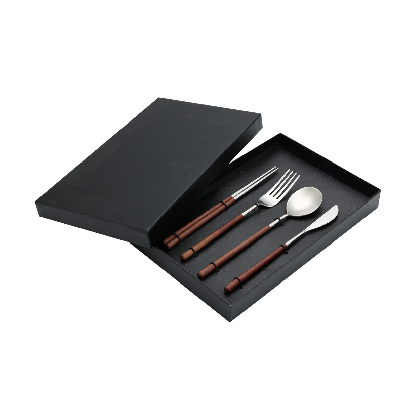 Set de tacâmuri din oțel inoxidabil, portabil, cu mâner din lemn, în stil japonez-coreean – cuțit pentru steak, furculiță, lingură și bețișoare