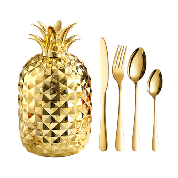 Set de 24 tacâmuri din oțel inoxidabil cu motif ananas – cuțit, furculiță și lingură; oțel inoxidabil 410; design modern minimalist; culori: argintiu, auriu, roz auriu.
