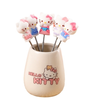 Set de furculițe pentru fructe din oțel inoxidabil, design Kuromi cartoon, recipient ceramic drăguț pentru depozitare și păpușă din silicon, stil coreean pentru fructe