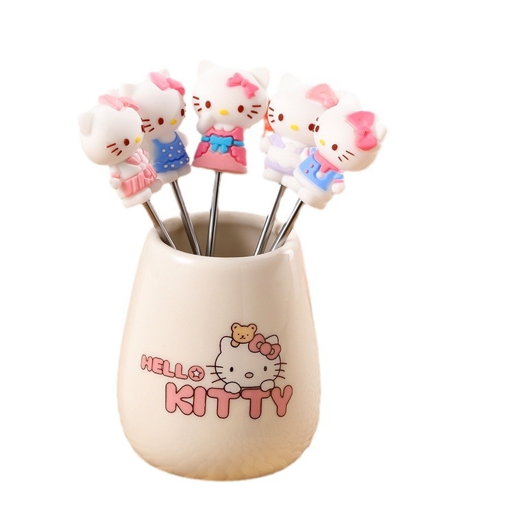 Set de furculițe pentru fructe din oțel inoxidabil, design Kuromi cartoon, recipient ceramic drăguț pentru depozitare și păpușă din silicon, stil coreean pentru fructe
