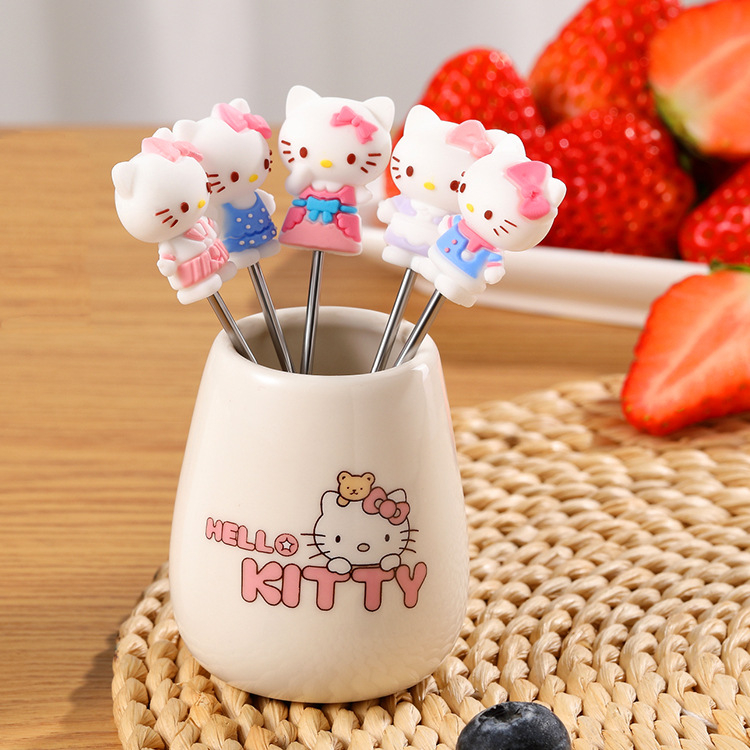 Set de furculițe pentru fructe din oțel inoxidabil, design Kuromi cartoon, recipient ceramic drăguț pentru depozitare și păpușă din silicon, stil coreean pentru fructe