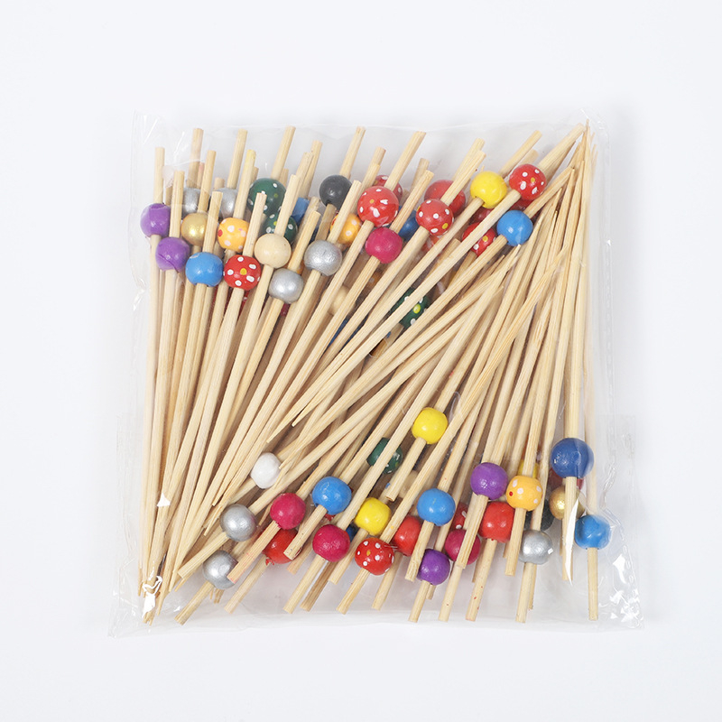 Bețe de bambus de unică folosință cu mărgele din lemn – bețe decorative pentru fructe, 100 buc./pachet