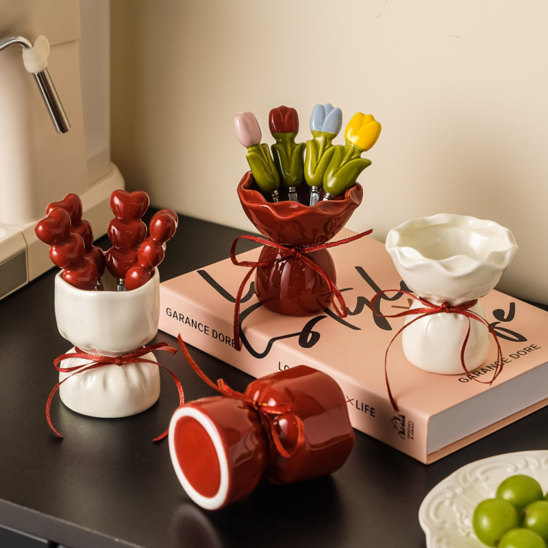 Set de furculițe pentru fructe într-un borcan ceramic, cu design Dopamine Tulip — din oțel inoxidabil