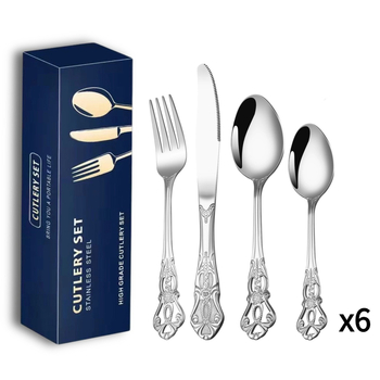 Set de tacâmuri din oțel inoxidabil placat cu aur (24 bucăți): 6 cuțite pentru friptură, 6 furculițe, 6 linguri de masă, 6 lingurițe – cutie cadou, pentru uz casnic și hotelier.