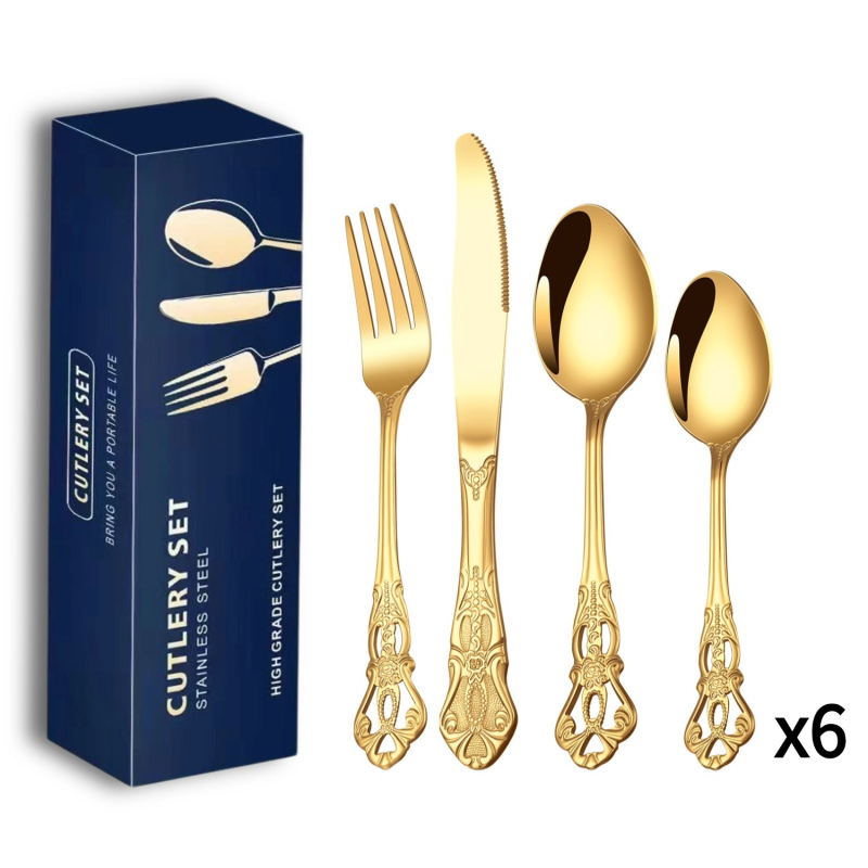 Set de tacâmuri din oțel inoxidabil placat cu aur (24 bucăți): 6 cuțite pentru friptură, 6 furculițe, 6 linguri de masă, 6 lingurițe – cutie cadou, pentru uz casnic și hotelier.