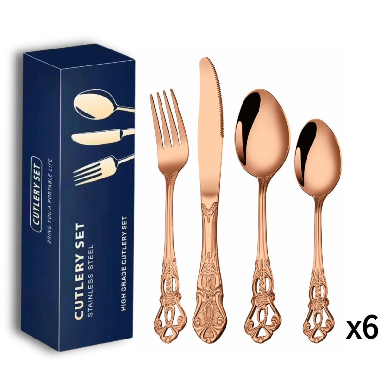 Set de tacâmuri din oțel inoxidabil placat cu aur (24 bucăți): 6 cuțite pentru friptură, 6 furculițe, 6 linguri de masă, 6 lingurițe – cutie cadou, pentru uz casnic și hotelier.