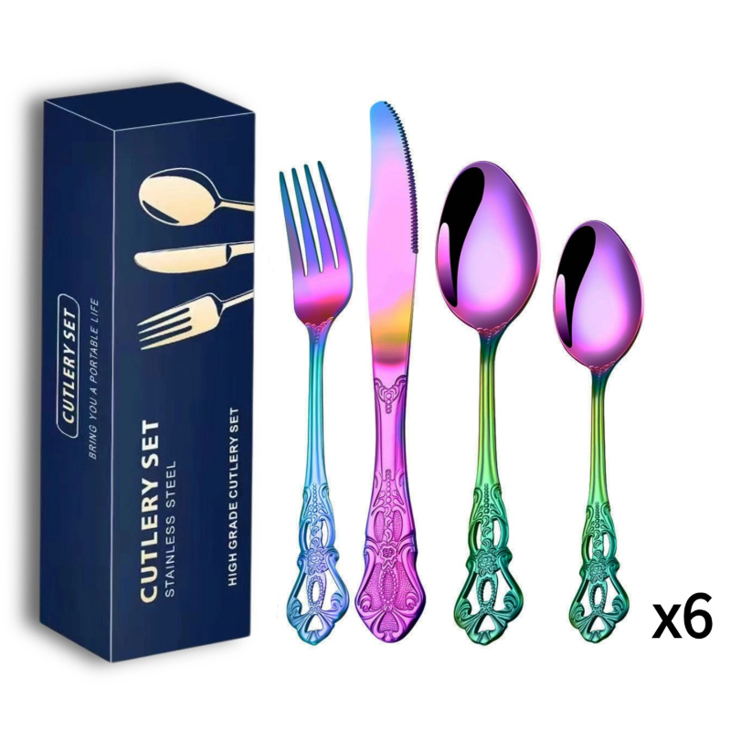 Set de tacâmuri din oțel inoxidabil placat cu aur (24 bucăți): 6 cuțite pentru friptură, 6 furculițe, 6 linguri de masă, 6 lingurițe – cutie cadou, pentru uz casnic și hotelier.