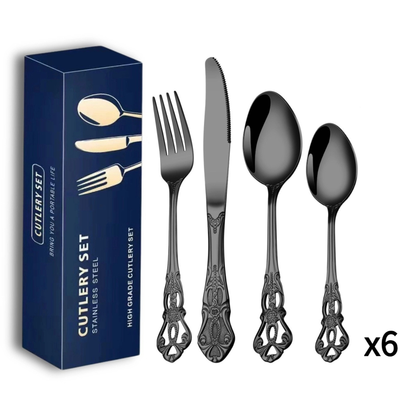 Set de tacâmuri din oțel inoxidabil placat cu aur (24 bucăți): 6 cuțite pentru friptură, 6 furculițe, 6 linguri de masă, 6 lingurițe – cutie cadou, pentru uz casnic și hotelier.
