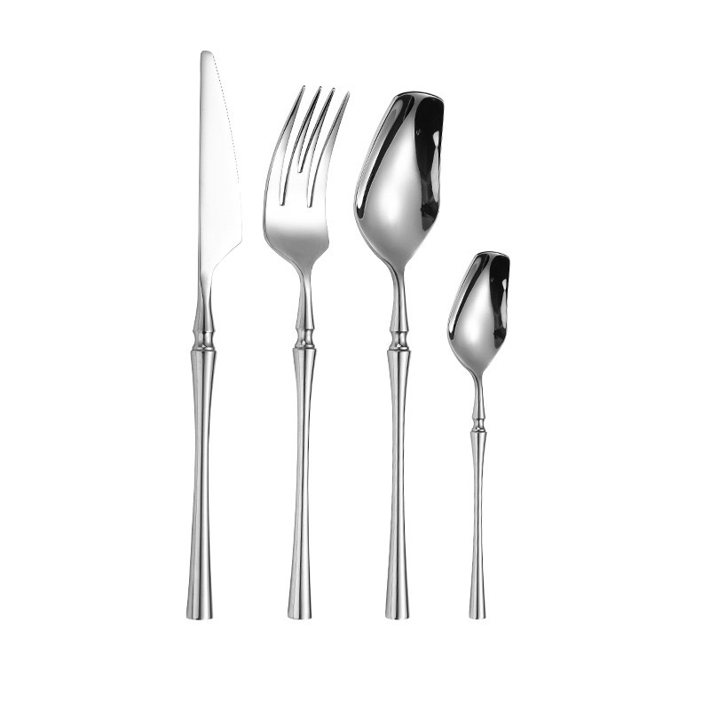 Set tacâmuri din oțel inoxidabil 304: lingură de desert, lingură de cafea, cuțit, furculiță și cuțit pentru steak, finisaj oglindă, stil nordic.