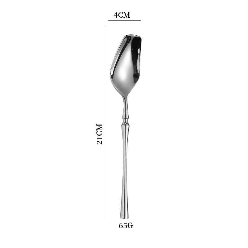 Set tacâmuri din oțel inoxidabil 304: lingură de desert, lingură de cafea, cuțit, furculiță și cuțit pentru steak, finisaj oglindă, stil nordic.