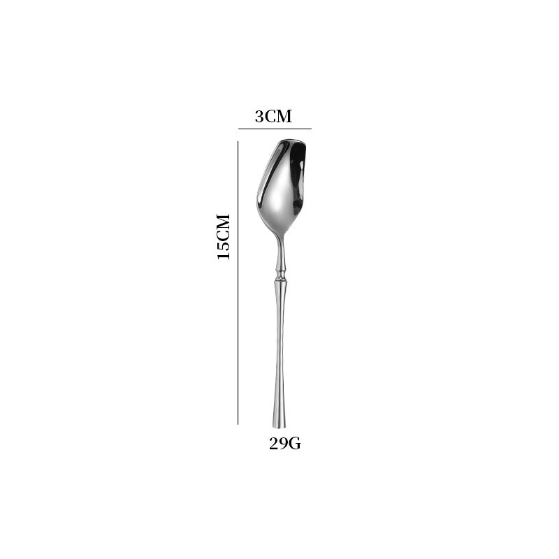 Set tacâmuri din oțel inoxidabil 304: lingură de desert, lingură de cafea, cuțit, furculiță și cuțit pentru steak, finisaj oglindă, stil nordic.