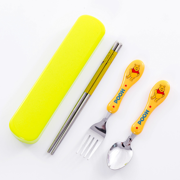 Set de tacâmuri pentru copii, din oțel inoxidabil, trei piese: furculiță, lingură și bețișoare, mânere din plastic