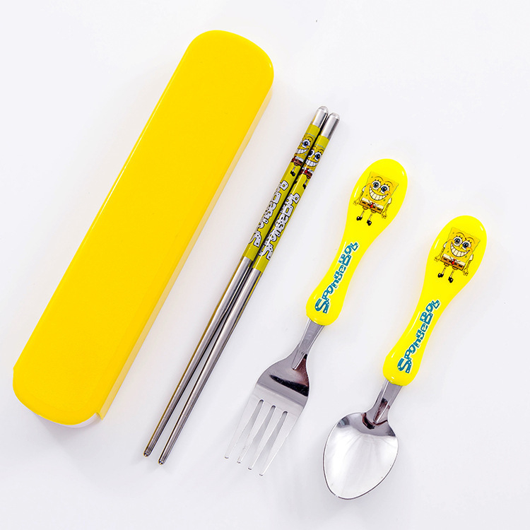 Set de tacâmuri pentru copii, din oțel inoxidabil, trei piese: furculiță, lingură și bețișoare, mânere din plastic
