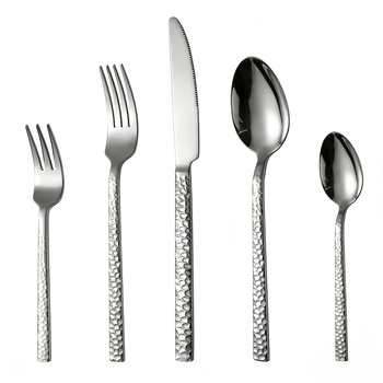 Set tacâmuri din oțel inoxidabil cu textură ciocănată, cuțit pentru steak, furculițe, linguri și lingură de cafea, stil nordic, calitate premium