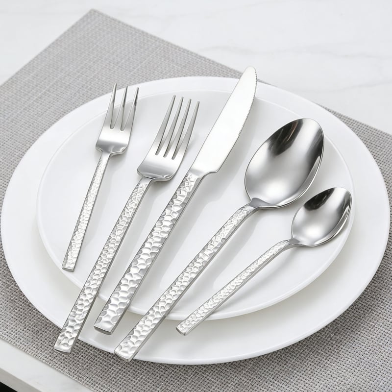 Set tacâmuri din oțel inoxidabil cu textură ciocănată, cuțit pentru steak, furculițe, linguri și lingură de cafea, stil nordic, calitate premium