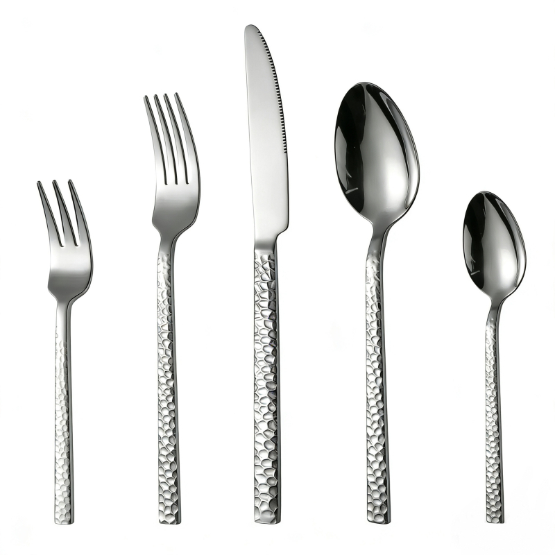 Set tacâmuri din oțel inoxidabil cu textură ciocănată, cuțit pentru steak, furculițe, linguri și lingură de cafea, stil nordic, calitate premium