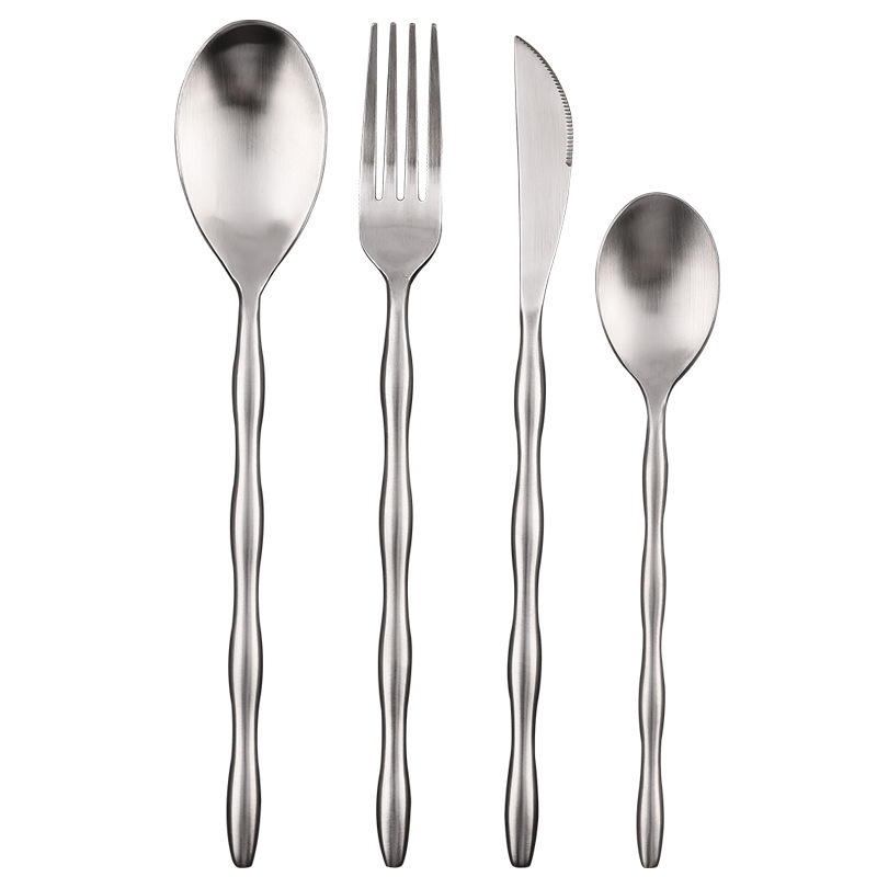Set de tacâmuri din oțel inoxidabil 304, patru piese, mâner rotund în formă de măslină: cuțit, furculiță și lingură