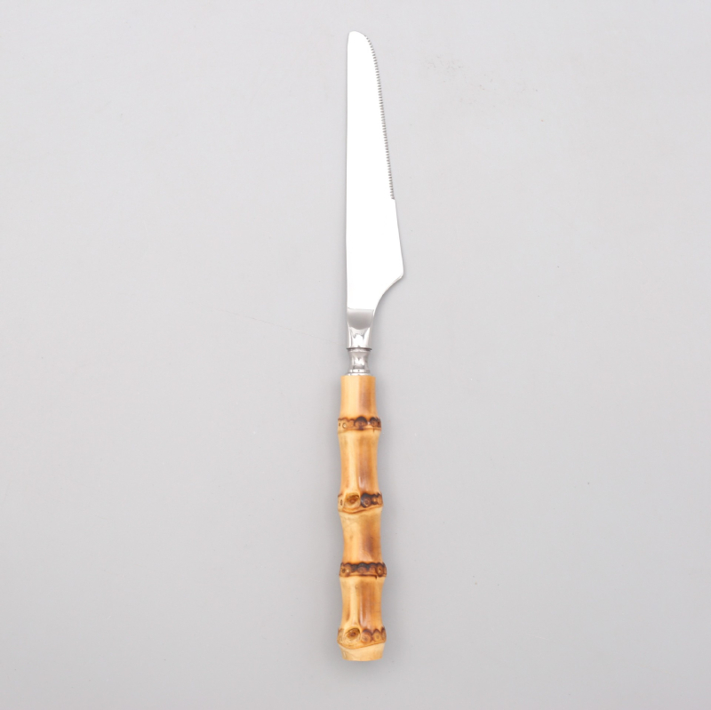 Set de tacâmuri occidentale din oțel inoxidabil 304, 5 piese: cuțit pentru steak, furculiță, lingură, linguriță și furculiță de desert — design inspirat de bambus