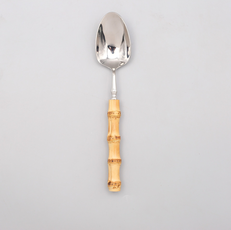 Set de tacâmuri occidentale din oțel inoxidabil 304, 5 piese: cuțit pentru steak, furculiță, lingură, linguriță și furculiță de desert — design inspirat de bambus