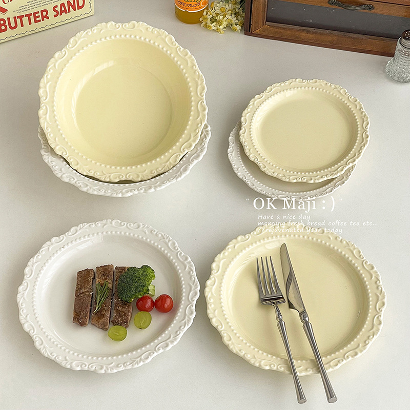 Farfurie de cină în stil occidental, ceramică, aspect elegant de lux, pentru steak, utilizare casnică, veselă în stil franuzesc