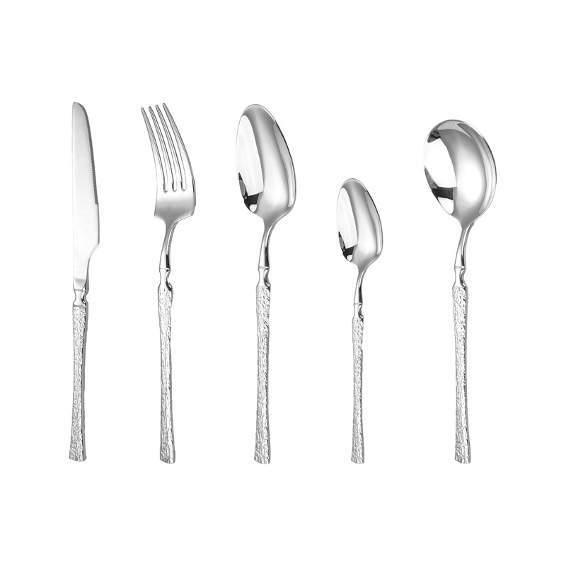 Set tacâmuri din oțel inoxidabil 304: cuțit, furculiță și lingură cu mâner cu model lemn, talie subțire, design minimalist modern, stil european pentru hotel
