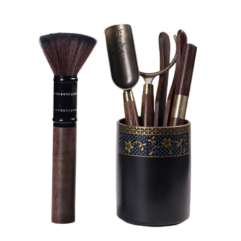 Set de ceremonie a ceaiului „Șase Domni” — set complet de accesorii Kung Fu pentru ceai, lemn de abanos, include pensetă pentru întreținerea ceainicului, clips pentru ceai