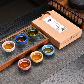 Set de ceai ceramic cu pește crăpat de gheață, șase cești mici, set Kung Fu pentru ceai, cutie cadou