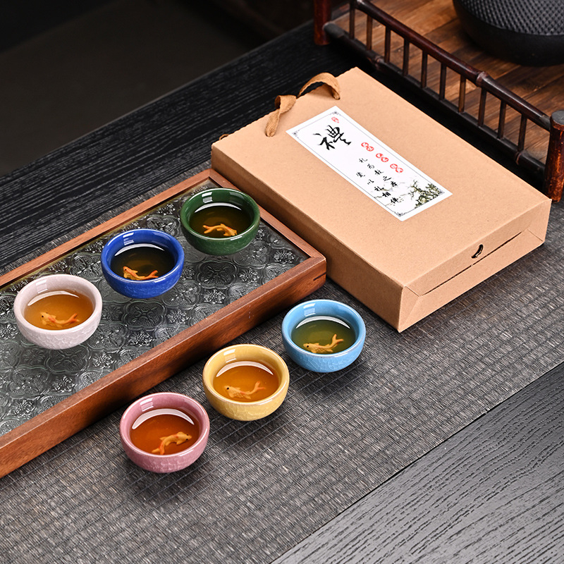 Set de ceai ceramic cu pește crăpat de gheață, șase cești mici, set Kung Fu pentru ceai, cutie cadou