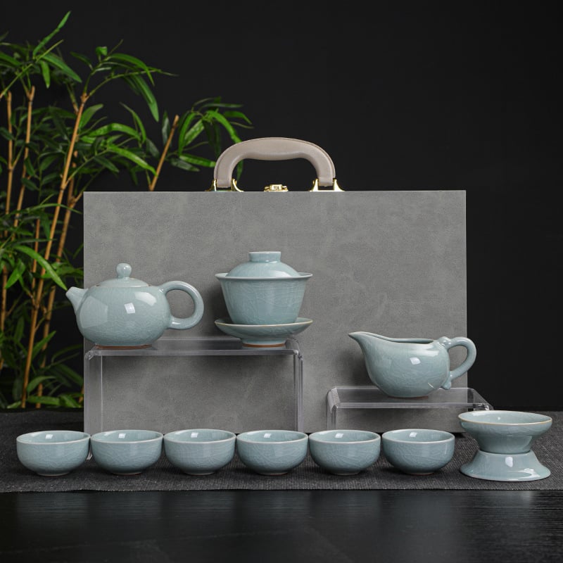 Set ceai ceramic Gongfu pentru casă cu ceainic, bol cu capac și cești în cutie cadou