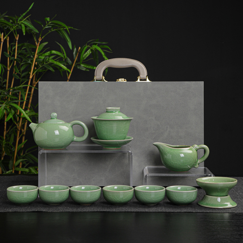 Set ceai ceramic Gongfu pentru casă cu ceainic, bol cu capac și cești în cutie cadou