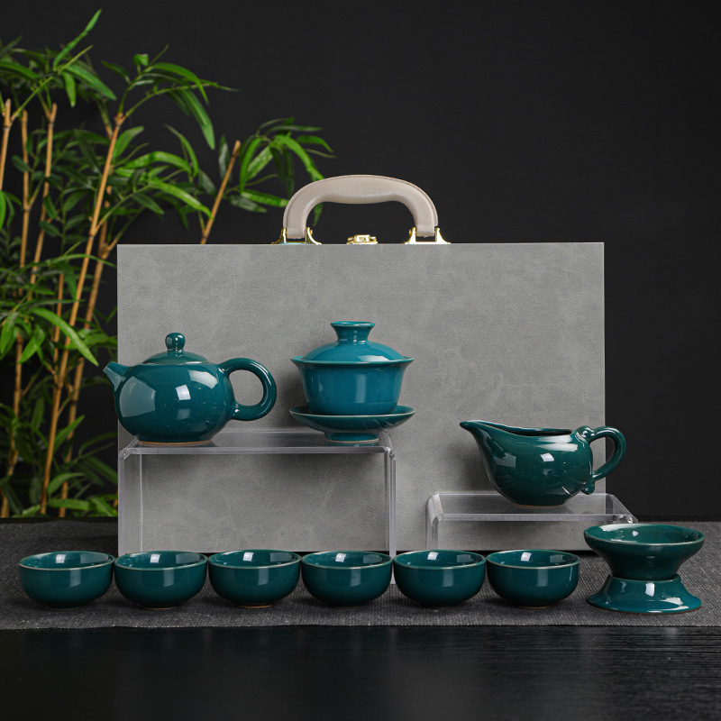 Set ceai ceramic Gongfu pentru casă cu ceainic, bol cu capac și cești în cutie cadou