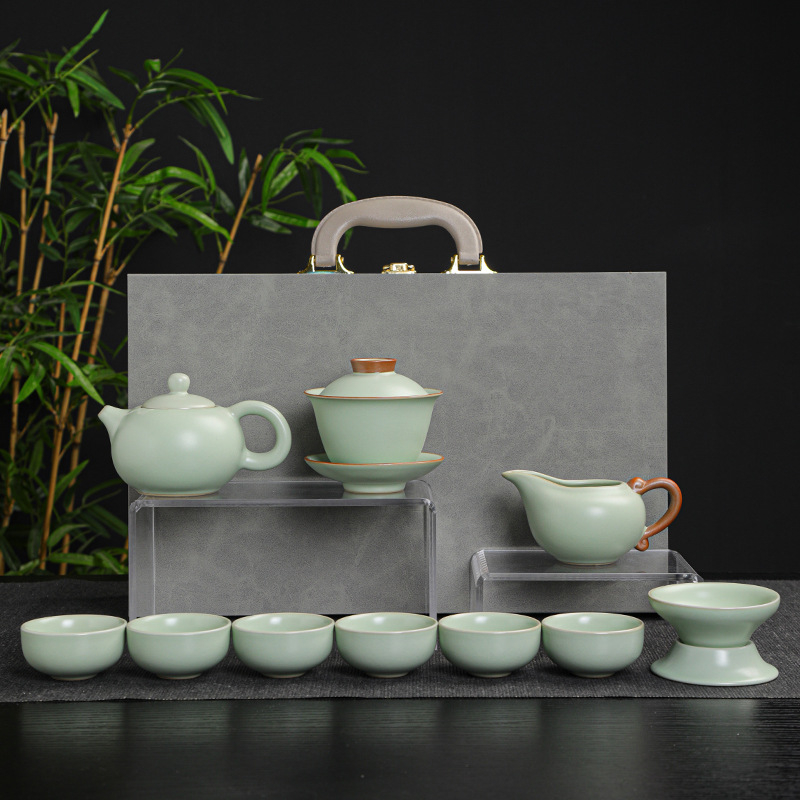 Set ceai ceramic Gongfu pentru casă cu ceainic, bol cu capac și cești în cutie cadou