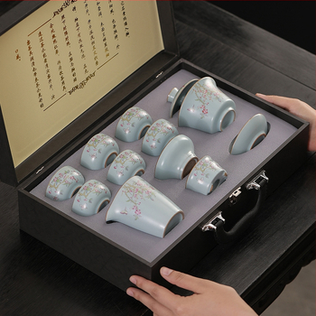 Set de ceai Kung Fu din ceramică Ru Kiln, pentru uz casnic, glazură craquelată, bol cu capac, cutie cadou luxoasă