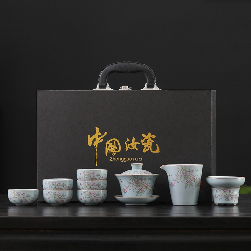 Set de ceai Kung Fu din ceramică Ru Kiln, pentru uz casnic, glazură craquelată, bol cu capac, cutie cadou luxoasă