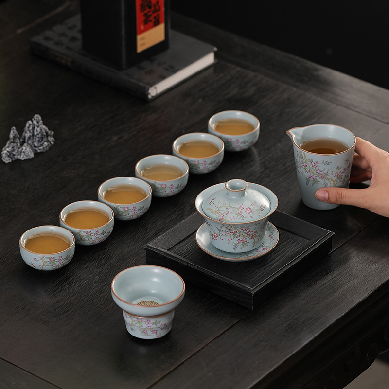 Set de ceai Kung Fu din ceramică Ru Kiln, pentru uz casnic, glazură craquelată, bol cu capac, cutie cadou luxoasă