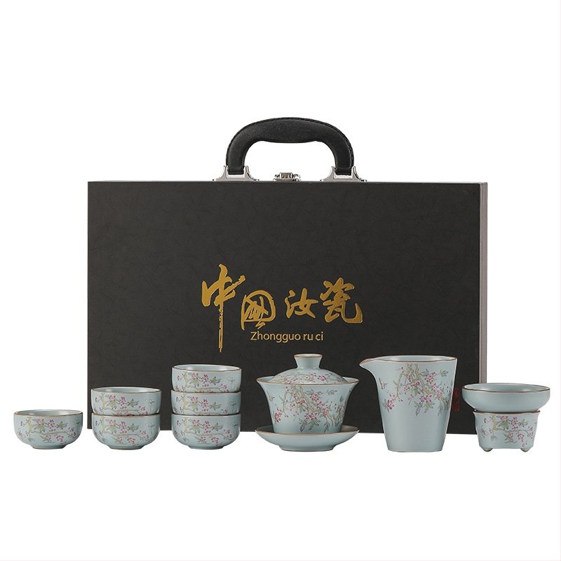 Set de ceai Kung Fu din ceramică Ru Kiln, pentru uz casnic, glazură craquelată, bol cu capac, cutie cadou luxoasă