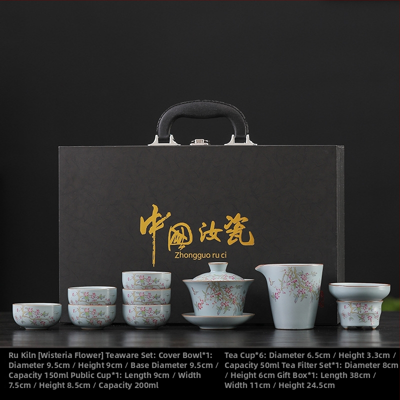 Set de ceai Kung Fu din ceramică Ru Kiln, pentru uz casnic, glazură craquelată, bol cu capac, cutie cadou luxoasă