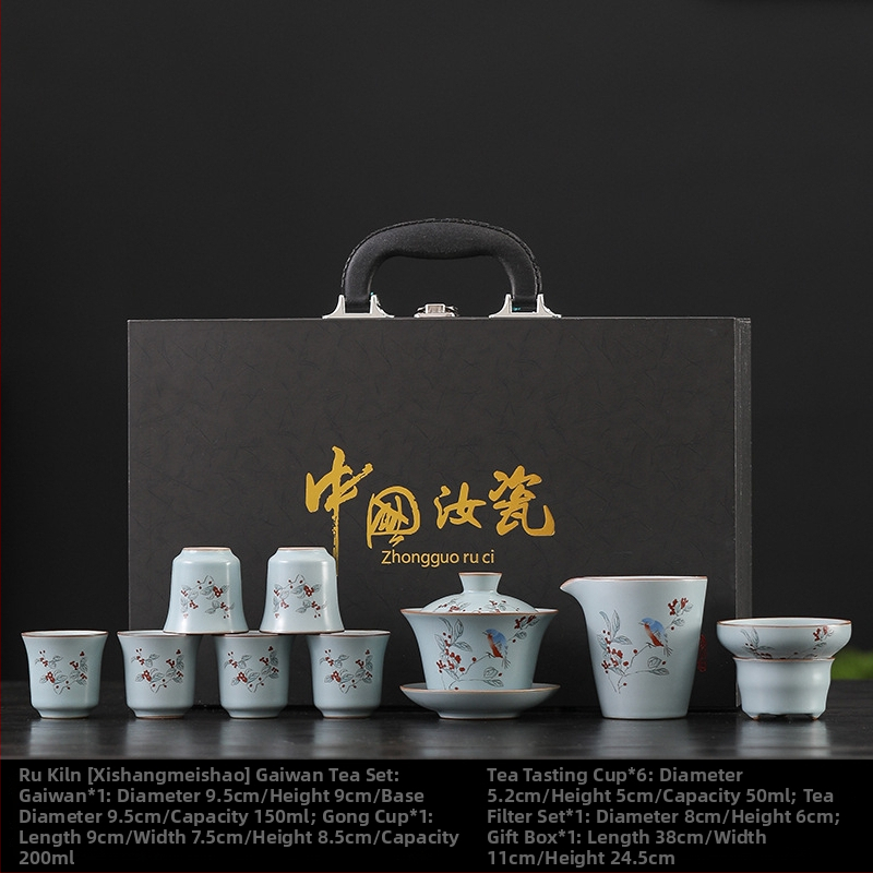 Set de ceai Kung Fu din ceramică Ru Kiln, pentru uz casnic, glazură craquelată, bol cu capac, cutie cadou luxoasă