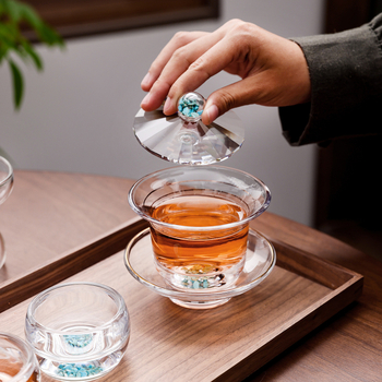 Set gaiwan din sticlă de cristal turcoaz — premium, complet, pentru ceai Kung Fu