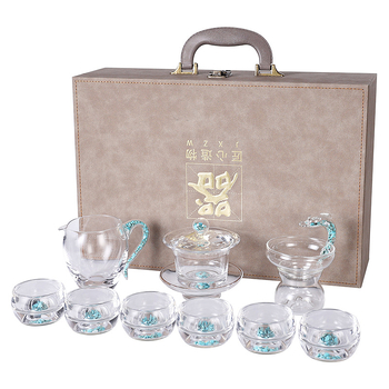 Set gaiwan din sticlă de cristal turcoaz — premium, complet, pentru ceai Kung Fu