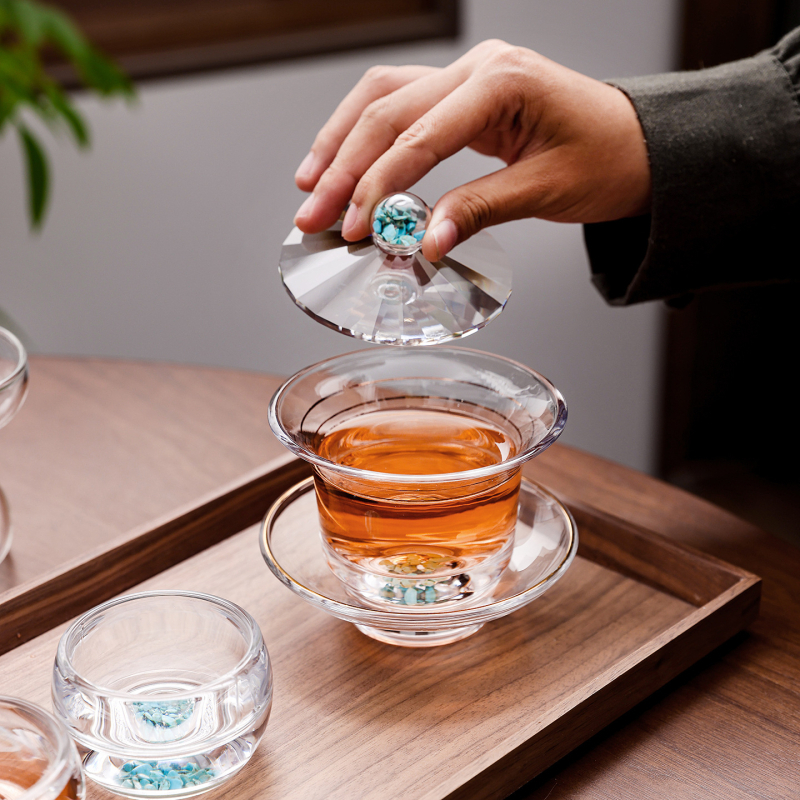 Set gaiwan din sticlă de cristal turcoaz — premium, complet, pentru ceai Kung Fu