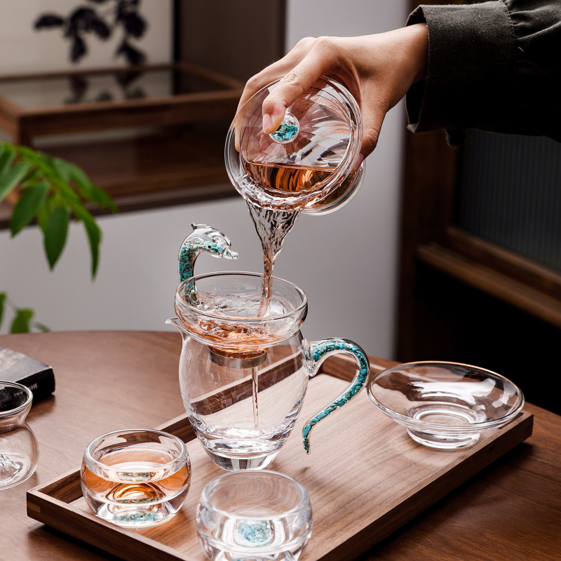 Set gaiwan din sticlă de cristal turcoaz — premium, complet, pentru ceai Kung Fu