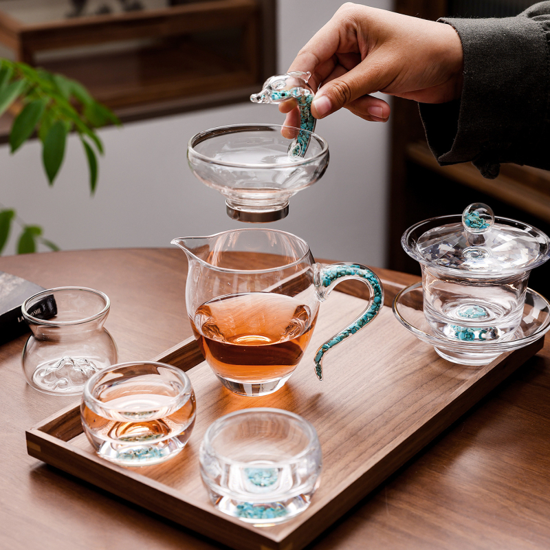 Set gaiwan din sticlă de cristal turcoaz — premium, complet, pentru ceai Kung Fu