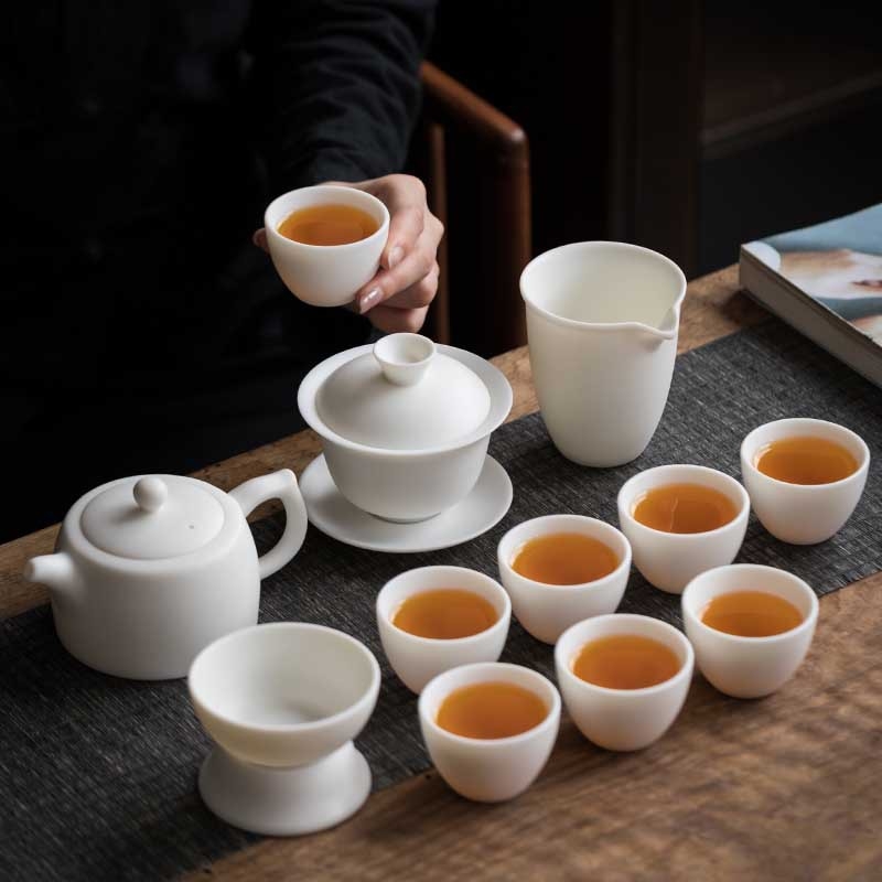 Set de ceai din porțelan alb de înaltă calitate cu gaiwan, ceainic și cești – vase ceramice de ceai pentru casă și birou