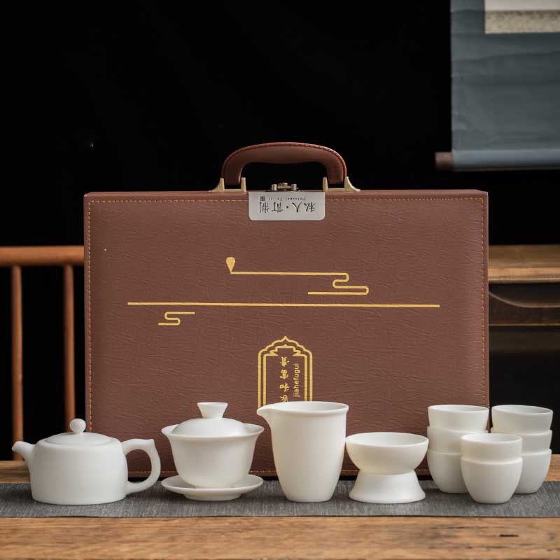 Set de ceai din porțelan alb de înaltă calitate cu gaiwan, ceainic și cești – vase ceramice de ceai pentru casă și birou