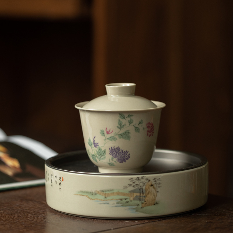 Vas ceramic glazurat cu capac, pentru uz casnic, ceai de ceremonie chinezesc