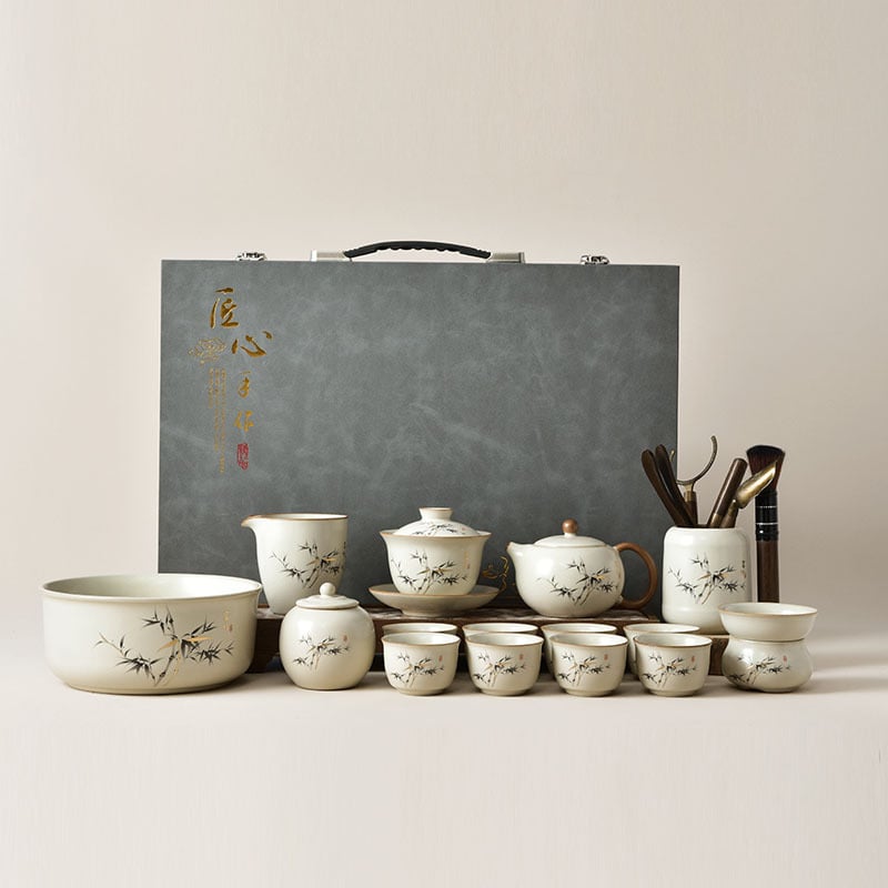 Set de ceai în stil gaiwan din porțelan alb, în cutie cadou, ceramic pentru casă și birou, pentru 6 persoane, design modern minimalist, personalizabil