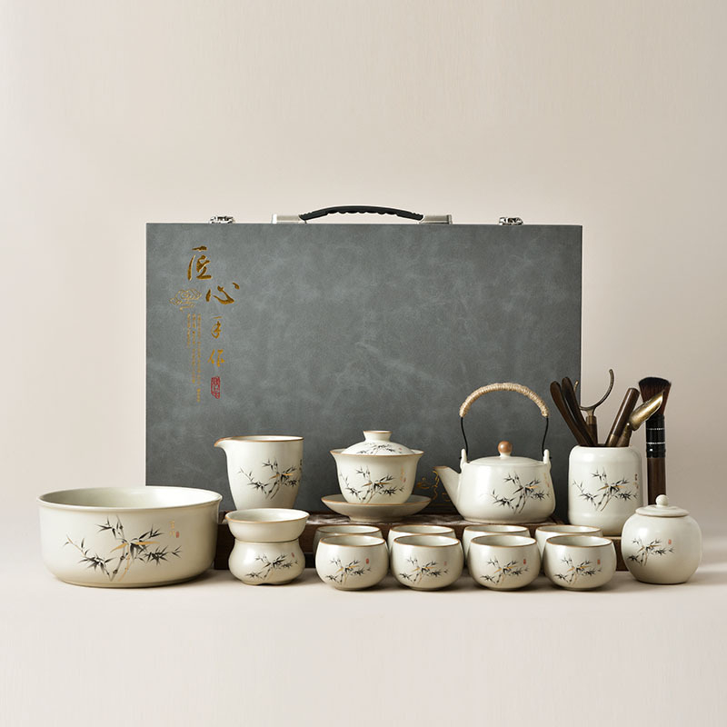 Set de ceai în stil gaiwan din porțelan alb, în cutie cadou, ceramic pentru casă și birou, pentru 6 persoane, design modern minimalist, personalizabil