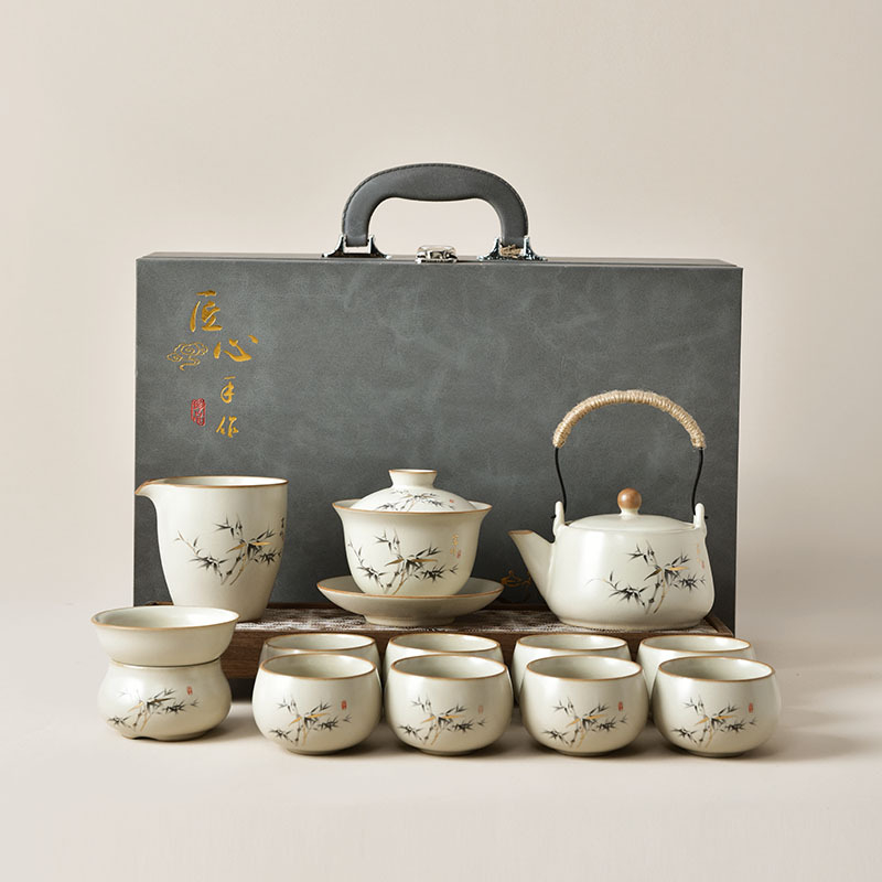 Set de ceai în stil gaiwan din porțelan alb, în cutie cadou, ceramic pentru casă și birou, pentru 6 persoane, design modern minimalist, personalizabil