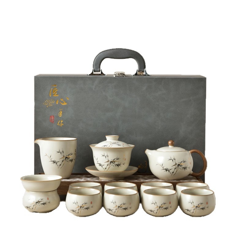 Set de ceai în stil gaiwan din porțelan alb, în cutie cadou, ceramic pentru casă și birou, pentru 6 persoane, design modern minimalist, personalizabil